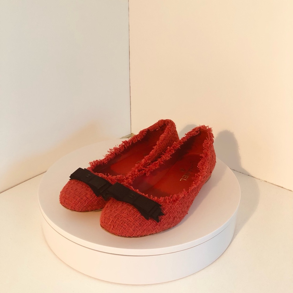 Chanel Tweed Bow Flats in red